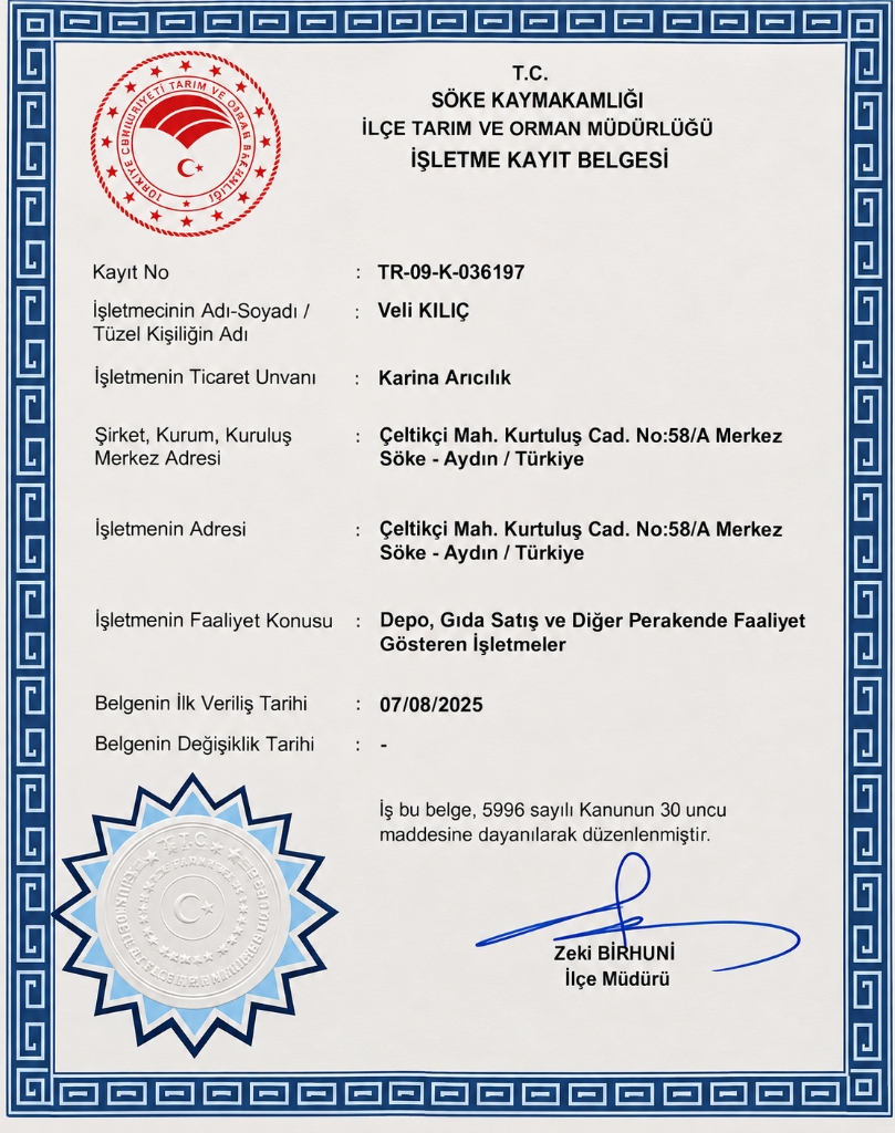 T.C. Söke Kaymakamlığı İlçe Tarım ve Orman Müdürlüğü Karina Arıcılık İşletme Kayıt Belgesi